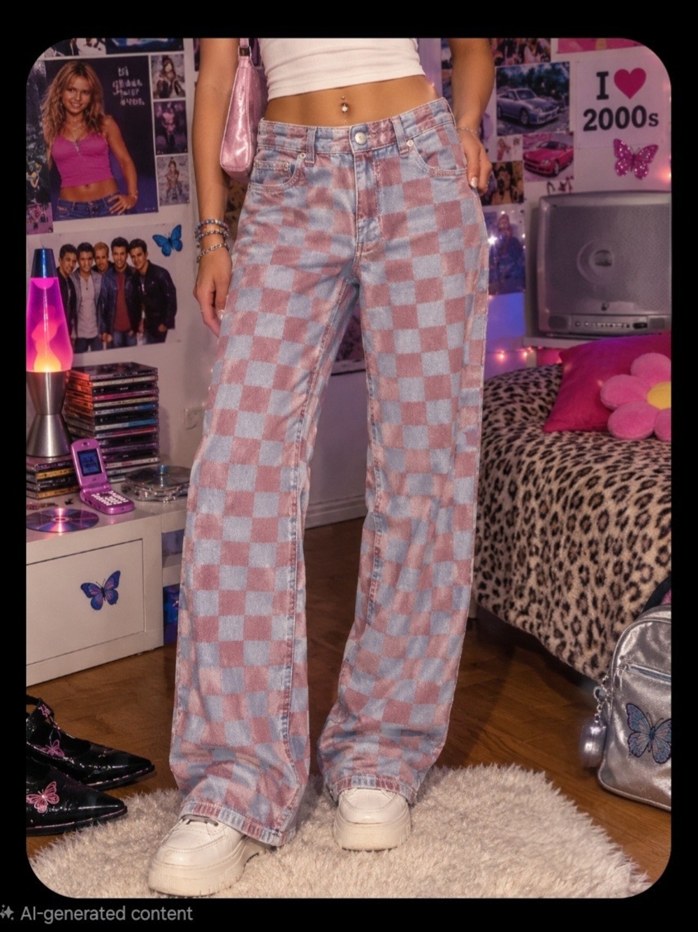 Zara Pink and Light Blue Checkerboard Wide-Leg Jeans